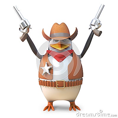 Sheriff penguin the brave western cowboy firing both his pistols in the air, 3d illustration Cartoon Illustration