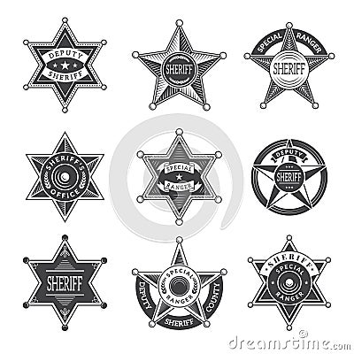Sheriff stars badges. Western star texas and rangers shields or logos vintage vector pictures Vector Illustration