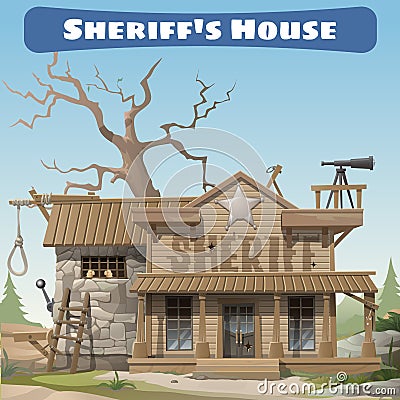 Sheriffs house with prison and scaffold, wild West Vector Illustration