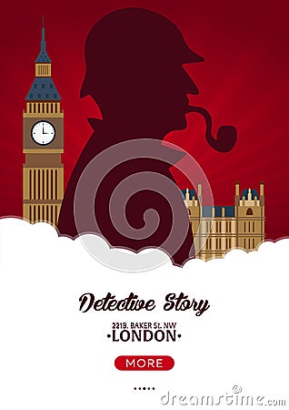 Sherlock Holmes poster. Detective illustration. Illustration with Sherlock Holmes. Baker street 221B. London. Big Ban. Cartoon Illustration