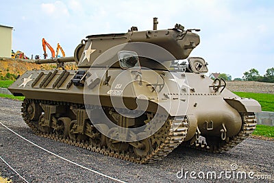 Sherman. American tank that participated in the Second World War on display in Normandy, France Editorial Stock Photo