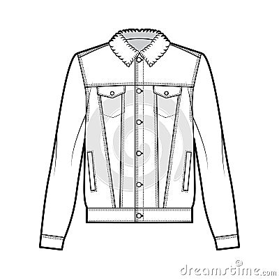 Sherpa lined denim jacket technical fashion illustration with oversized body, flap pockets, button closure, long sleeves Vector Illustration