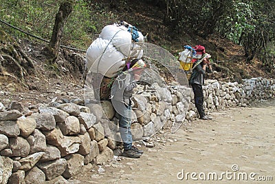 Sherpa porter carry basket in Nepal trekking path Editorial Stock Photo