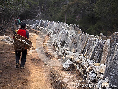 Sherpa Porter Walking on Trail Next to Tibetan Mani Stones Editorial Stock Photo