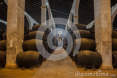 Sherry barrels in Jerez bodega, Spain Stock Photo