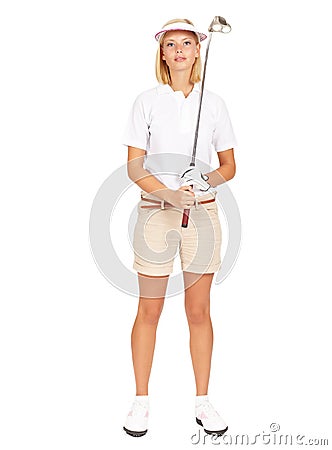 Shes got game. Studio portrait of an attractive young golfer isolated on white. Stock Photo