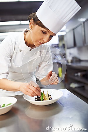 Shes a master at plating. a chef preparing dessert in a professional kitchen. Stock Photo
