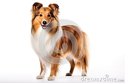 Shetland Sheepdog Dog Stands On A White Background Stock Photo