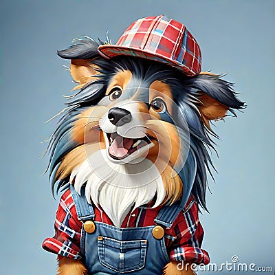 Shetland sheepdog puppy dog portrait hat overall shirt Cartoon Illustration
