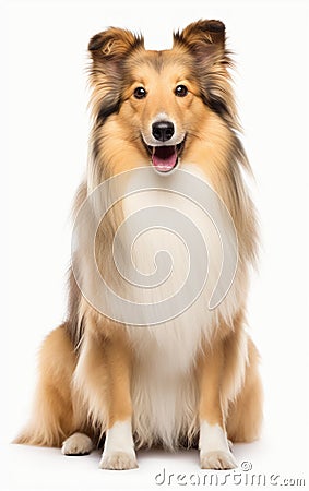 Shetland Sheepdog sitting and looking at the camera in front isolated of a white background Stock Photo