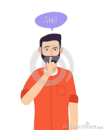 Shh man. Business secret, serious male with silence hand gesture at closed mouth. Silence please keep quiet vector Vector Illustration