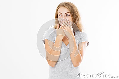 Shhh sign. Young woman showing shh gesture to keep a silent. Girl in t shirt keep a secret. Quiet place and silence time. Stock Photo