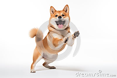 Shiba Inu dog its paws lifted in delight and a joyful expression on its face Stock Photo