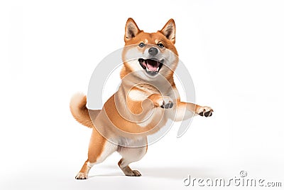 Shiba Inu dog its paws lifted in delight and a joyful expression on its face Stock Photo