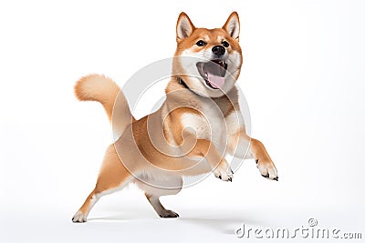 Shiba Inu dog its paws lifted in delight and a joyful expression on its face Stock Photo