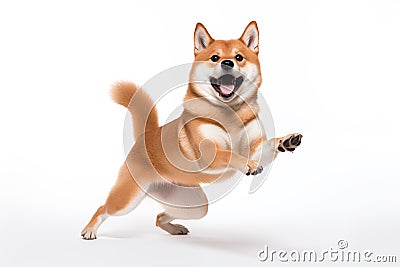 Shiba Inu dog its paws lifted in delight and a joyful expression on its face Stock Photo