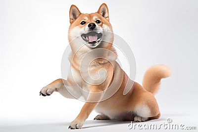Shiba Inu dog sitting and raising its front paws in a playful gesture with a wide open mouthed smile and bright Stock Photo