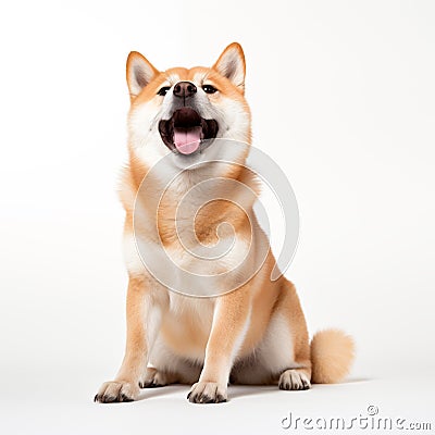 Shiba Inu dog sitting and raising its front paws in a playful gesture with a wide open mouthed smile and bright Stock Photo