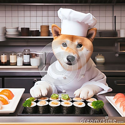 shiba inu dog wearing chefs hat and jacket Stock Photo