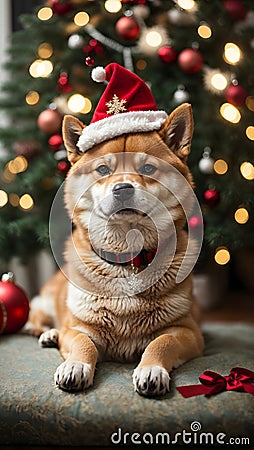 Shiba Inu's Merry Melody: Christmas Magic, Festive Delight, Adorable Moments, and Heartwarming Joy. Stock Photo