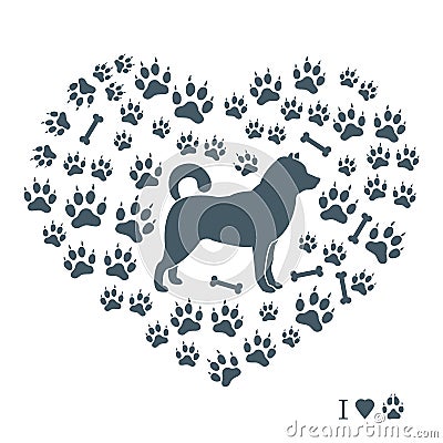 Shiba Inu silhouette on a background of dog tracks and bones in Vector Illustration