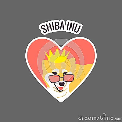 Shiba inu text. Japanese dog in golden crown and cool pink sunglasses. Vector Illustration