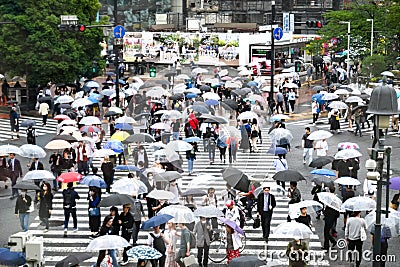Shibuya Scramble Crossing. Tokyo. People with umbrellas crossing the street on rainy day. Editorial Stock Photo