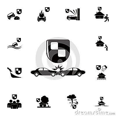 shield and accident cars icon. Detailed set of insurance icons. Premium quality graphic design sign. One of the collection icons f Stock Photo