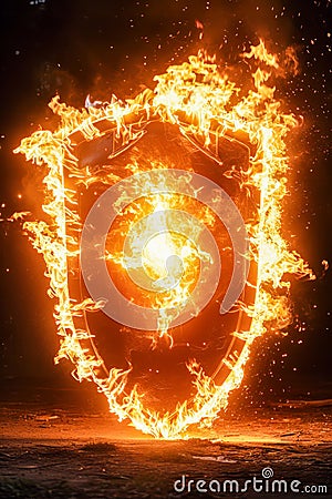 Shield is aflame with fire creating orange and yellow effect. Generative AI Stock Photo