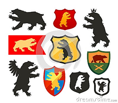 Shield with bear vector logo. Coat of arms, heraldry set icons Vector Illustration