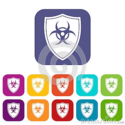 Shield with a biohazard sign icons set Vector Illustration