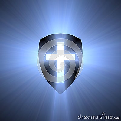 Shield with blue cross light flare Stock Photo