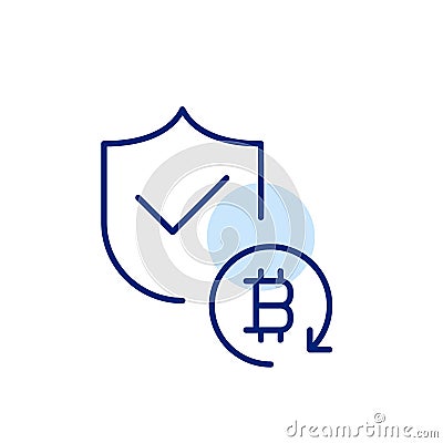 Shield with checkmark and bitcoin with refresh arrow. Identity and transaction verification for cryptocurrency Vector Illustration