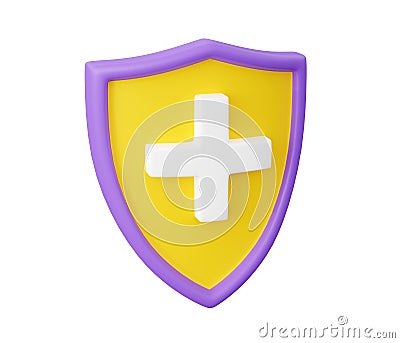 Shield with cross 3d render - medical care and health safety concept with plus sign on shield. Stock Photo