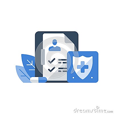 Shield with cross, sick leave certificate, medical insurance, health care policy, hospital services, preventive check up Vector Illustration