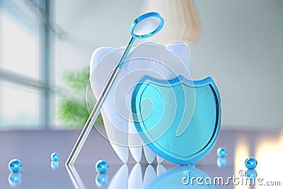 Shield and dental mirror near a tooth Cartoon Illustration