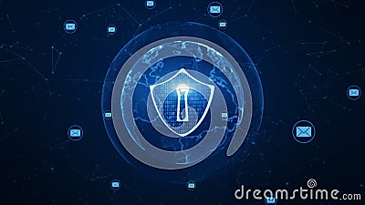 Shield and email icon on secure global network , Cyber security concept. Earth element furnished by Nasa Stock Photo