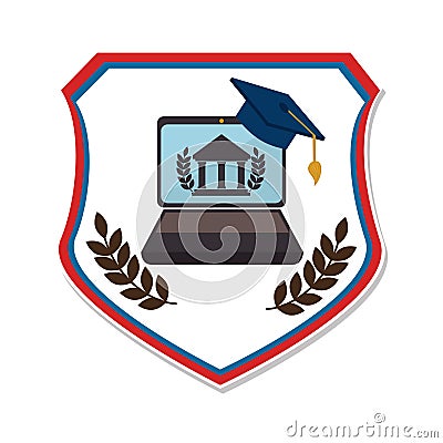 Shield emblem with graduation cap and laptop Vector Illustration