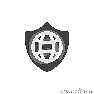 Shield and globe icon vector, filled flat sign, solid pictogram isolated on white. Vector Illustration