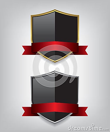 Shield gold and silver with red ribbon Vector Illustration