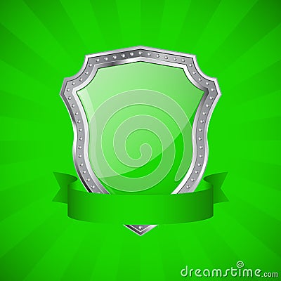 Shield. Green glossy shield with metal frame Vector Illustration