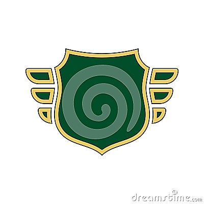 Shield green icon. Gold outline shape shield, simple wings isolated white background. Flat design sign. Symbol security Vector Illustration