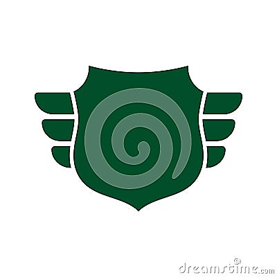 Shield green icon. Outline shape shield, simple wings isolated white background. Flat design sign. Symbol security Vector Illustration
