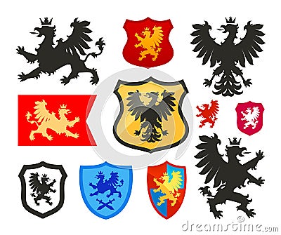 Shield with griffin, gryphon, eagle vector logo. Coat of arms, heraldry set icons Vector Illustration