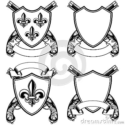 Shield with heraldic Lily and crossed old flintlock pistols set Vector Illustration