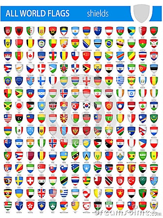 Shield Icon Flags - All World Vector Cartoon Illustration