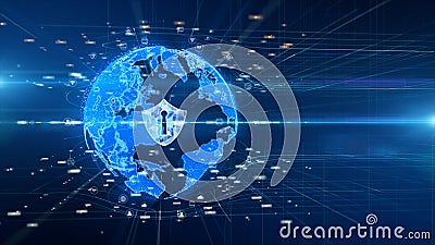 Shield icon on secure global network , Digital Data Network Connected, Cyber security concept. Earth element furnished by Nasa Stock Photo