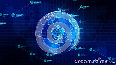 Shield icon on secure global network, Technology network and cyber security concept. Protection for worldwide connections. Earth Stock Photo