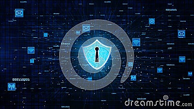 Shield Icon and Secure Network Communication, Cyber Security Concept Stock Photo