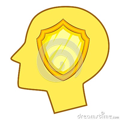 Shield inside human head icon, cartoon style Vector Illustration